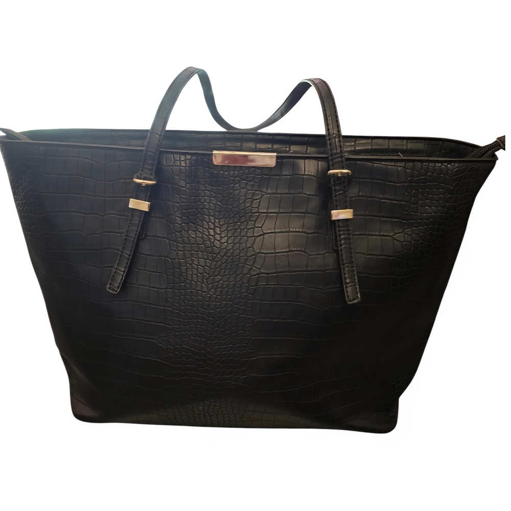 Kelly & Katie Black Croc-Embossed Tote with Gold Accents